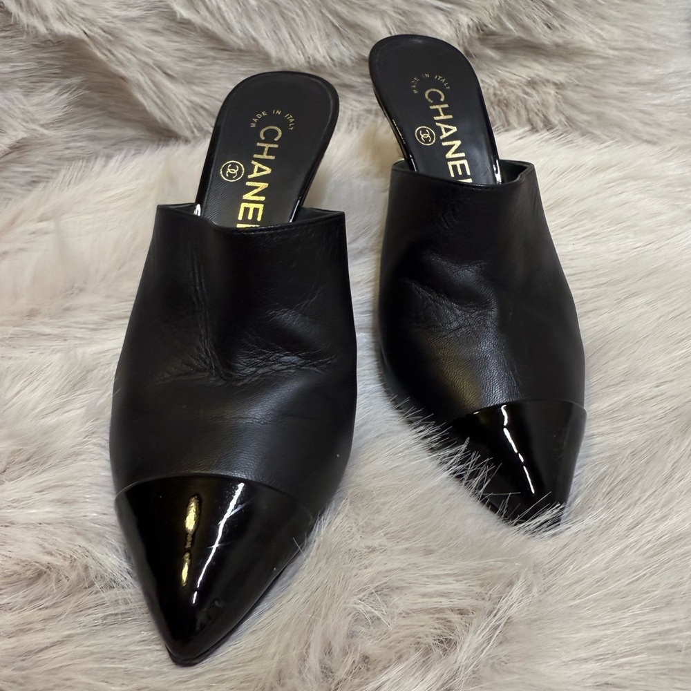Chanel Black Mules with Patent Leather Cap Toe